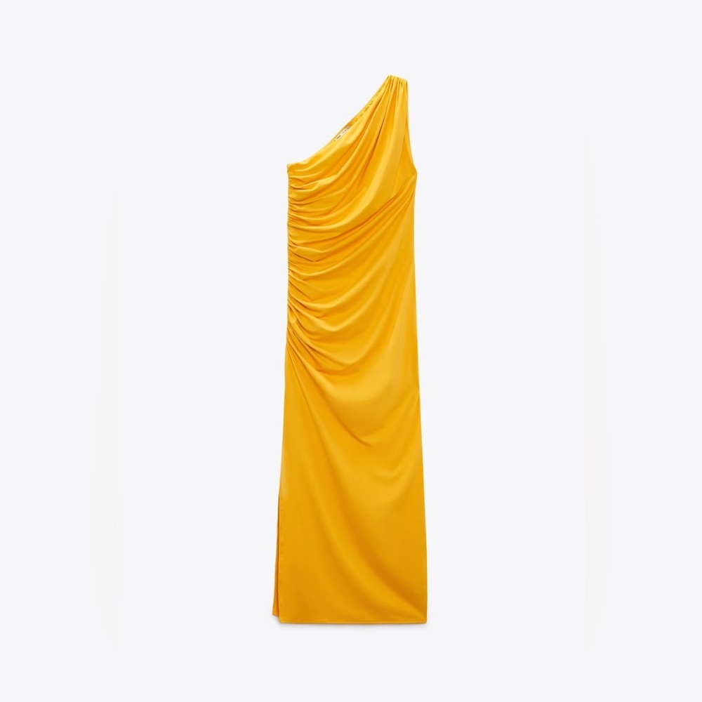 ZARA ASYMMETRIC MIDI DRESS; MUSTARD YELLOW